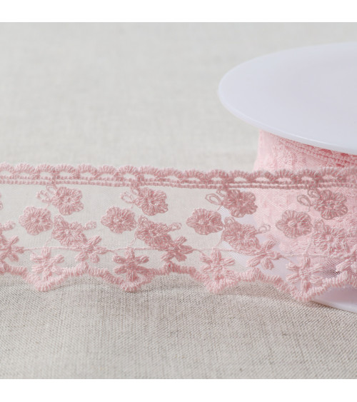 Spool 13.5m embroidered tulle small matte flowers 44mm fuchsia pink