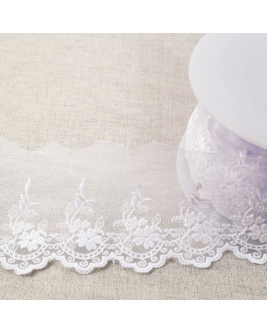 Bobina da 18 m in tulle ricamato fiori smerlati opaco 82 mm bianco