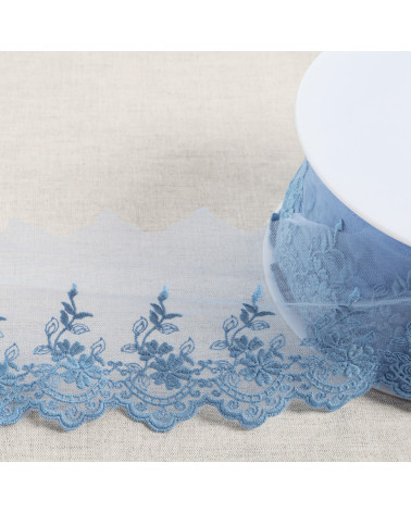 Bobine 18m tulle brodé fleurs festonnées mat 82mm bleu lavande