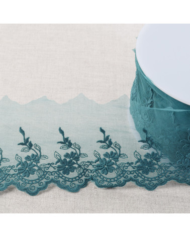 Spool of 18m embroidered tulle with scalloped flowers, matt, 82mm duck blue