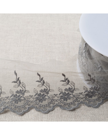 Spool 18m tulle embroidered scalloped flowers matte 82mm medium gray