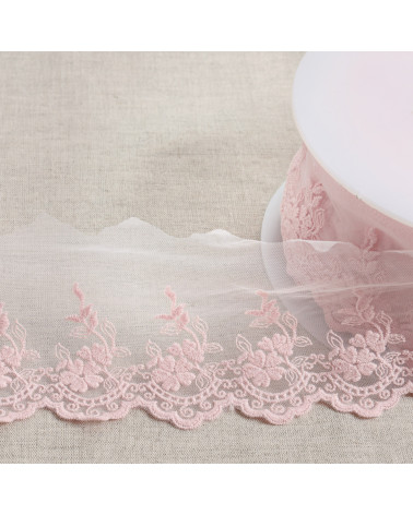 Spool 18m tulle embroidered matt scalloped flowers 82mm fuchsia pink