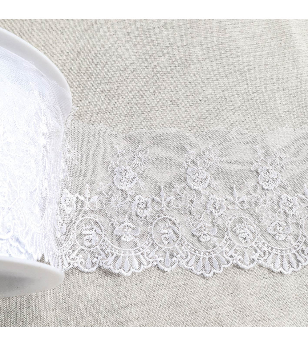 Spool 18m tulle embroidered scalloped flowers shiny tulle embroidered scalloped flowers shiny white 110mm