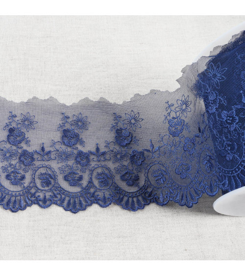Spool 18m tulle embroidered scalloped flowers shiny tulle embroidered scalloped flowers shiny navy blue 110mm