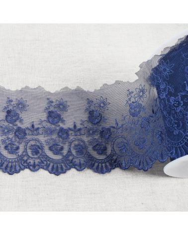 Spule 18 m, aus Tüll bestickte, gezackte Blumen, glänzender Tüll, bestickte, gezackte Blumen, glänzend, marineblau, 110 mm