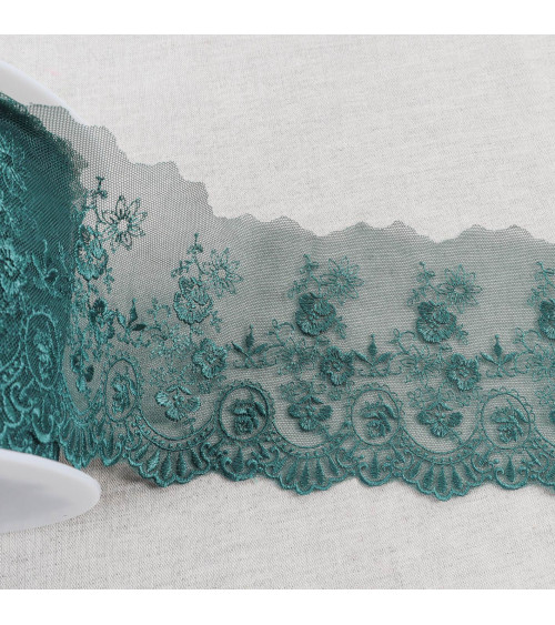 Spool 18m tulle embroidered scalloped flowers shiny tulle embroidered scalloped flowers shiny duck blue 110mm