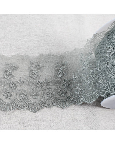 Spool 18m tulle embroidered scalloped flowers shiny tulle embroidered scalloped flowers shiny medium gray 110mm