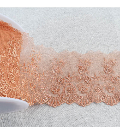 Spool 18m tulle embroidered scalloped flowers shiny tulle embroidered scalloped flowers shiny dark beige 110mm