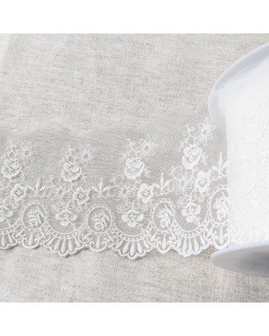 Bobina 18m tulle ricamato fiori smerlati lucido tulle ricamato fiori smerlati ecrù lucido 110mm
