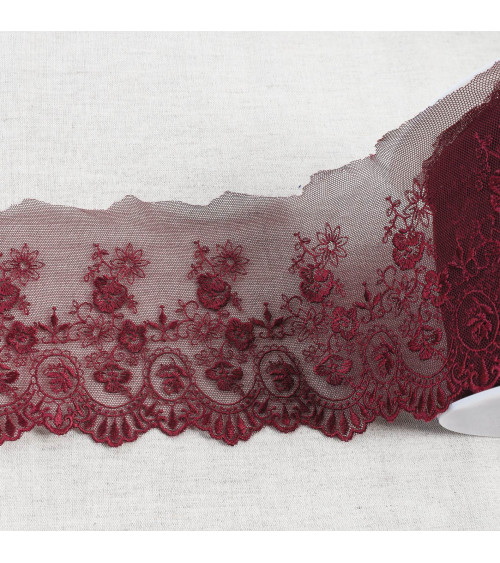 Spool 18m tulle embroidered scalloped flowers shiny tulle embroidered scalloped flowers shiny plum 110mm