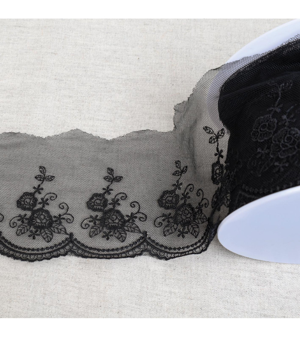 Spool 18m tulle embroidered scalloped flowers shiny tulle embroidered scalloped flowers shiny black 92mm