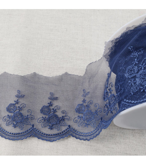 Spool 18m tulle embroidered scalloped flowers shiny tulle embroidered scalloped flowers shiny navy blue 92mm