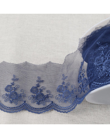 Bobina 18m tulle ricamato fiori smerlati lucido tulle ricamato fiori smerlati blu navy lucido 92mm