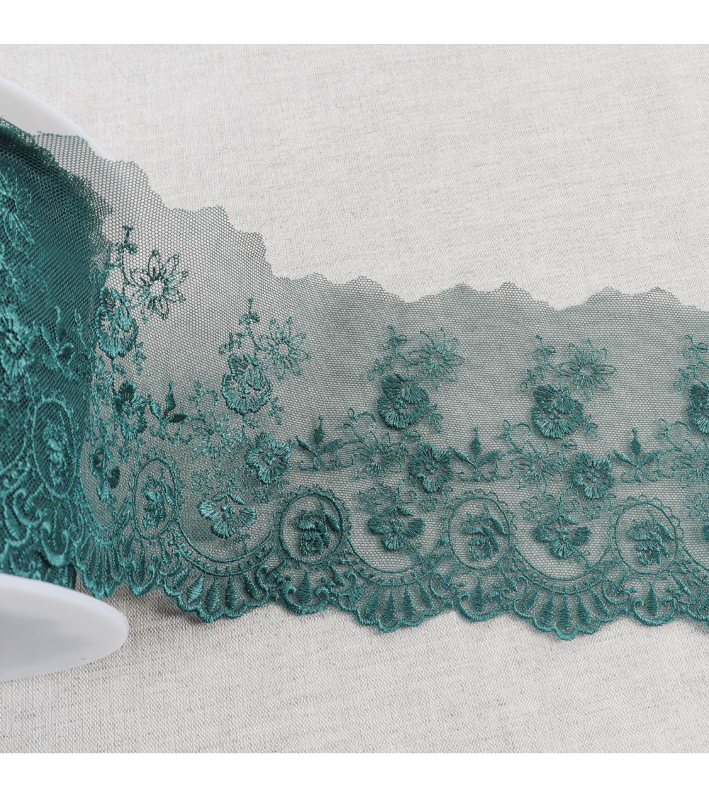 Shiny scalloped flower embroidered tulle 110mm duck blue per meter