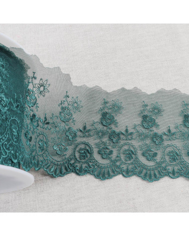 Shiny scalloped flower embroidered tulle 110mm duck blue per meter