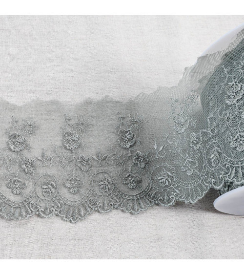 Shiny scalloped flower embroidered tulle 110mm medium gray per meter
