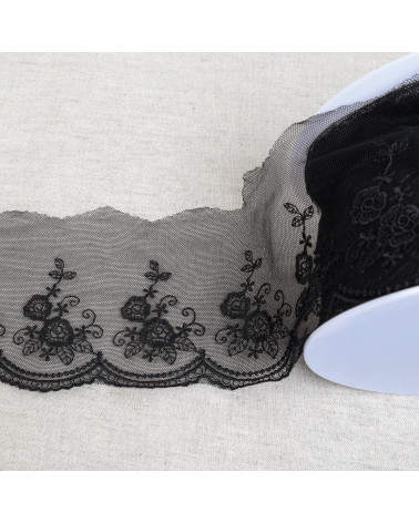 Tulle embroidered scalloped flowers shiny 92mm black per meter