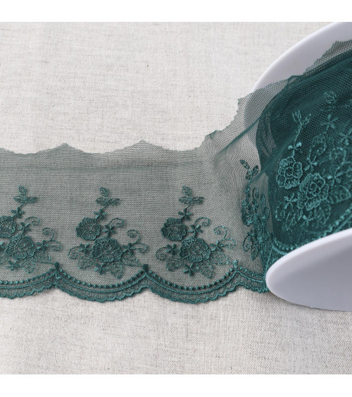 Shiny scalloped flower embroidered tulle 92mm duck blue per meter