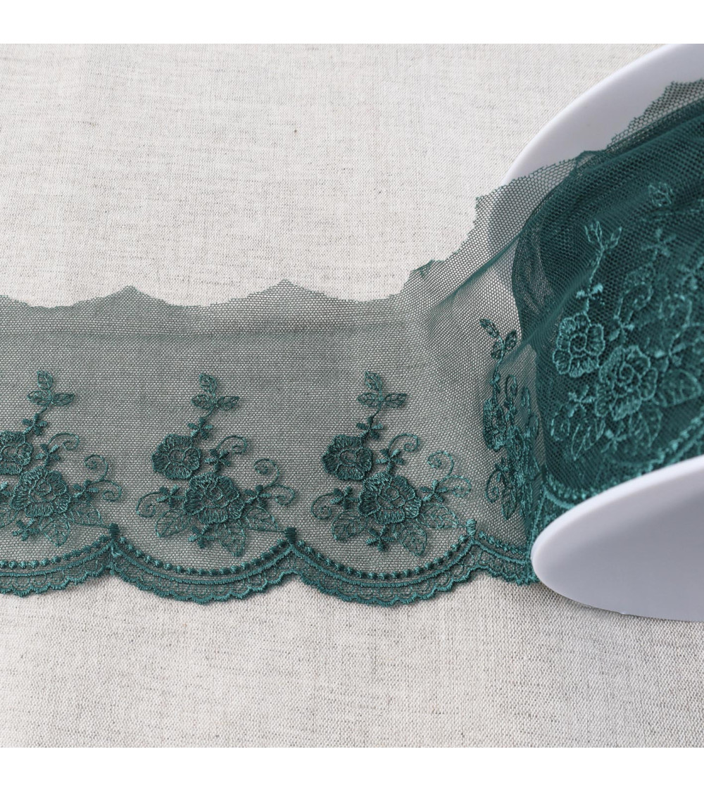 Tulle embroidered with shiny scalloped flowers 92mm duck blue per meter