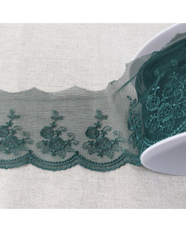 Tulle embroidered with shiny scalloped flowers 92mm duck blue per meter
