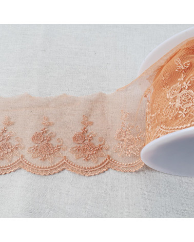 Shiny scalloped flower embroidered tulle 92mm dark beige per meter