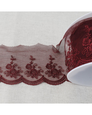 Shiny scalloped flower embroidered tulle 92mm plum per meter