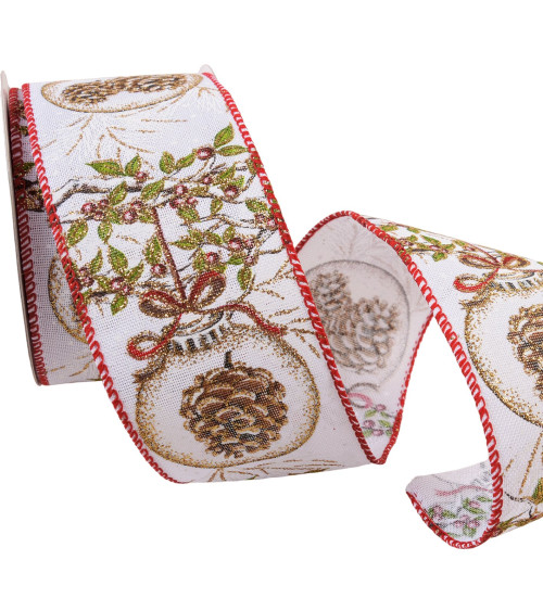 Spool of 10m white pine cone ribbon 63mm