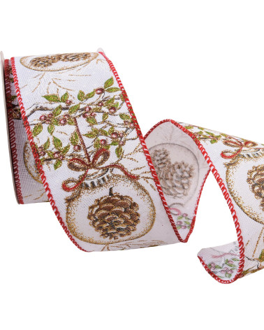 Spool of 10m white pine cone ribbon 63mm