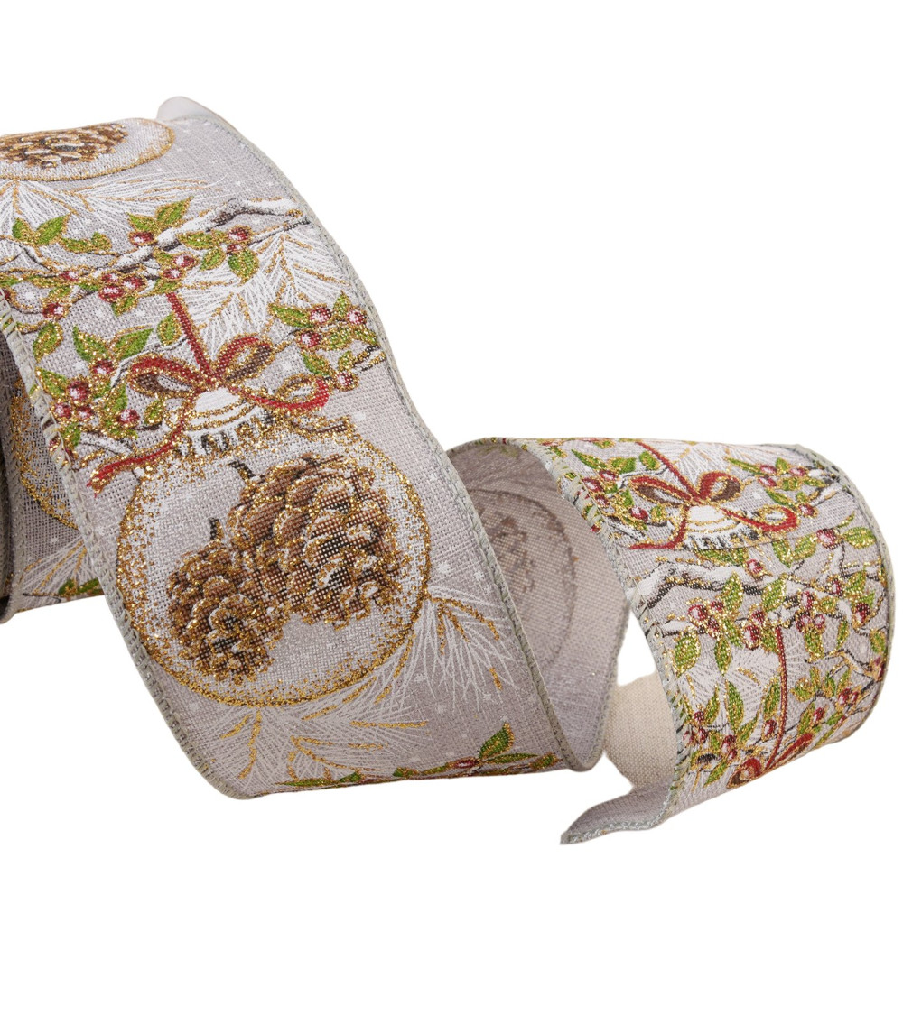 Spool of 10m grey pine cone ribbon 63mm