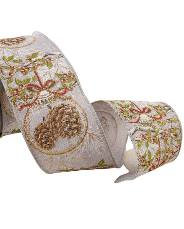Spool of 10m grey pine cone ribbon 63mm