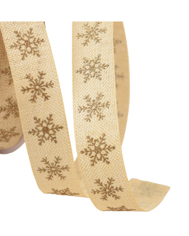 Spool of 20m ribbon with small beige snowflakes 16mm