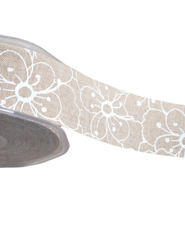 Bobine 20m ruban motifs blancs blancs beige 38mm