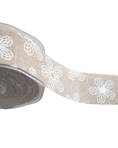 Spool of 20m ribbon with white, beige and white patterns 38mm