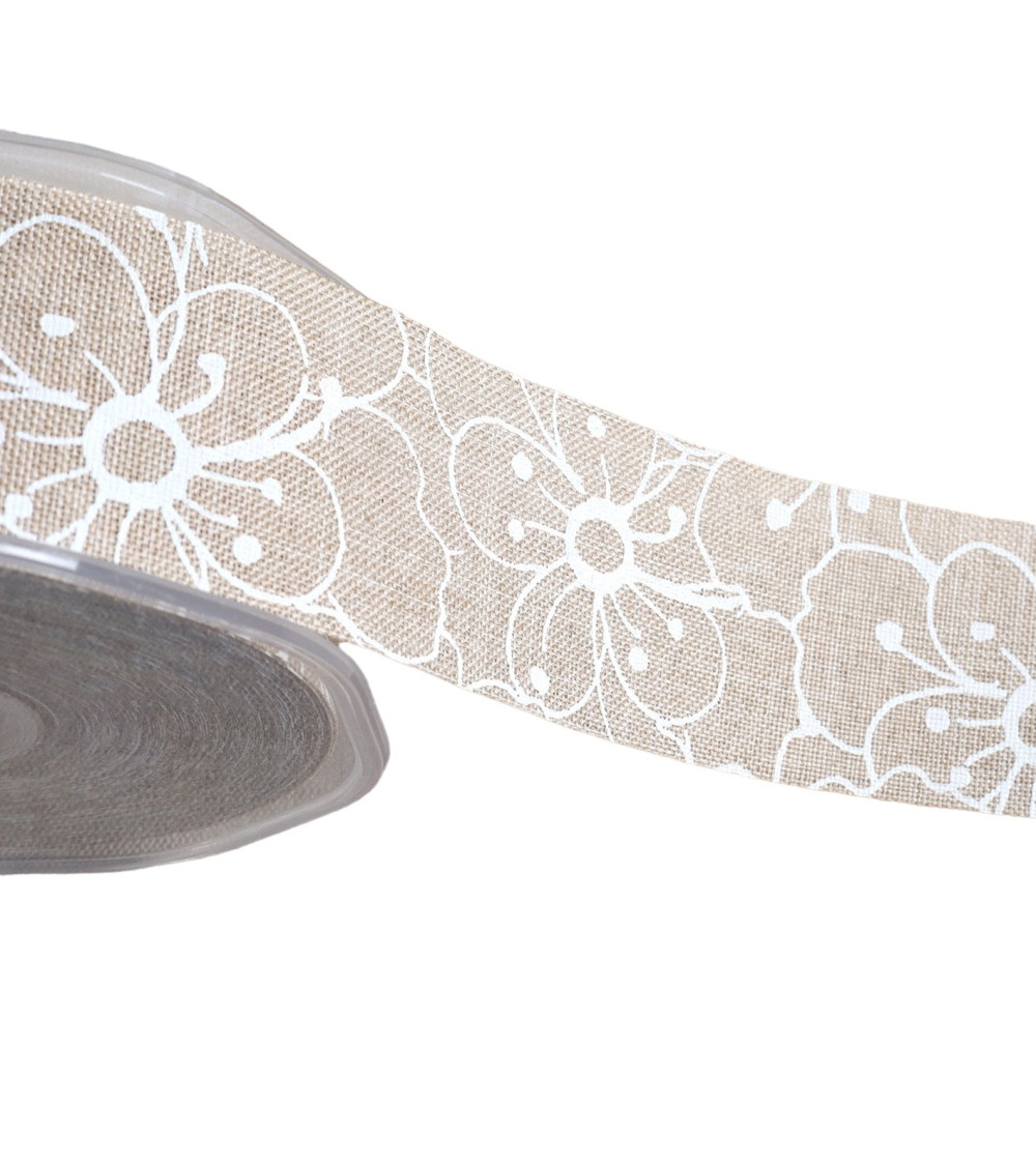 Ribbon white butterfly patterns 38mm beige per meter