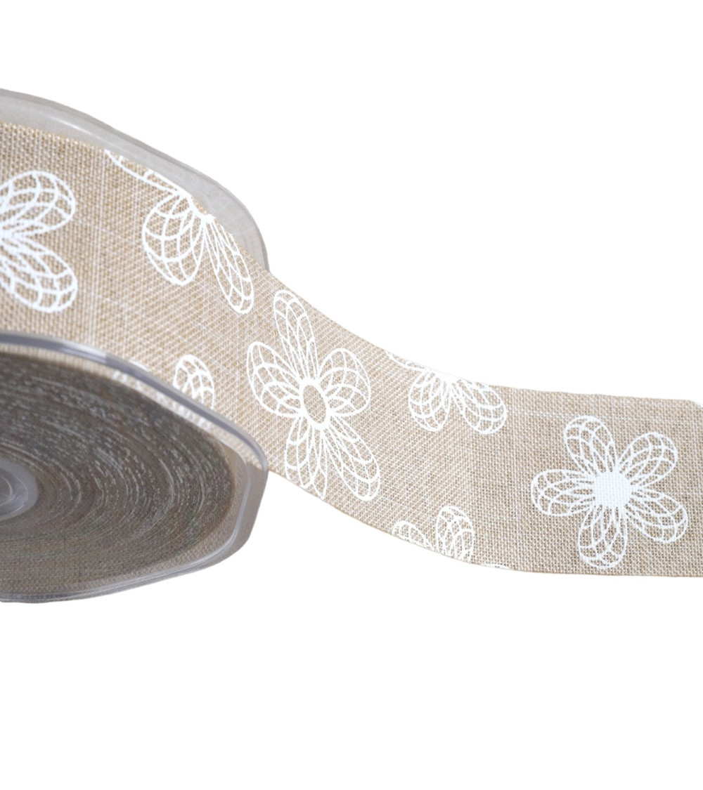 Ribbon white foliage patterns 38mm beige per meter
