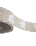 Ruban motifs blancs fleurs 38mm beige au mètre