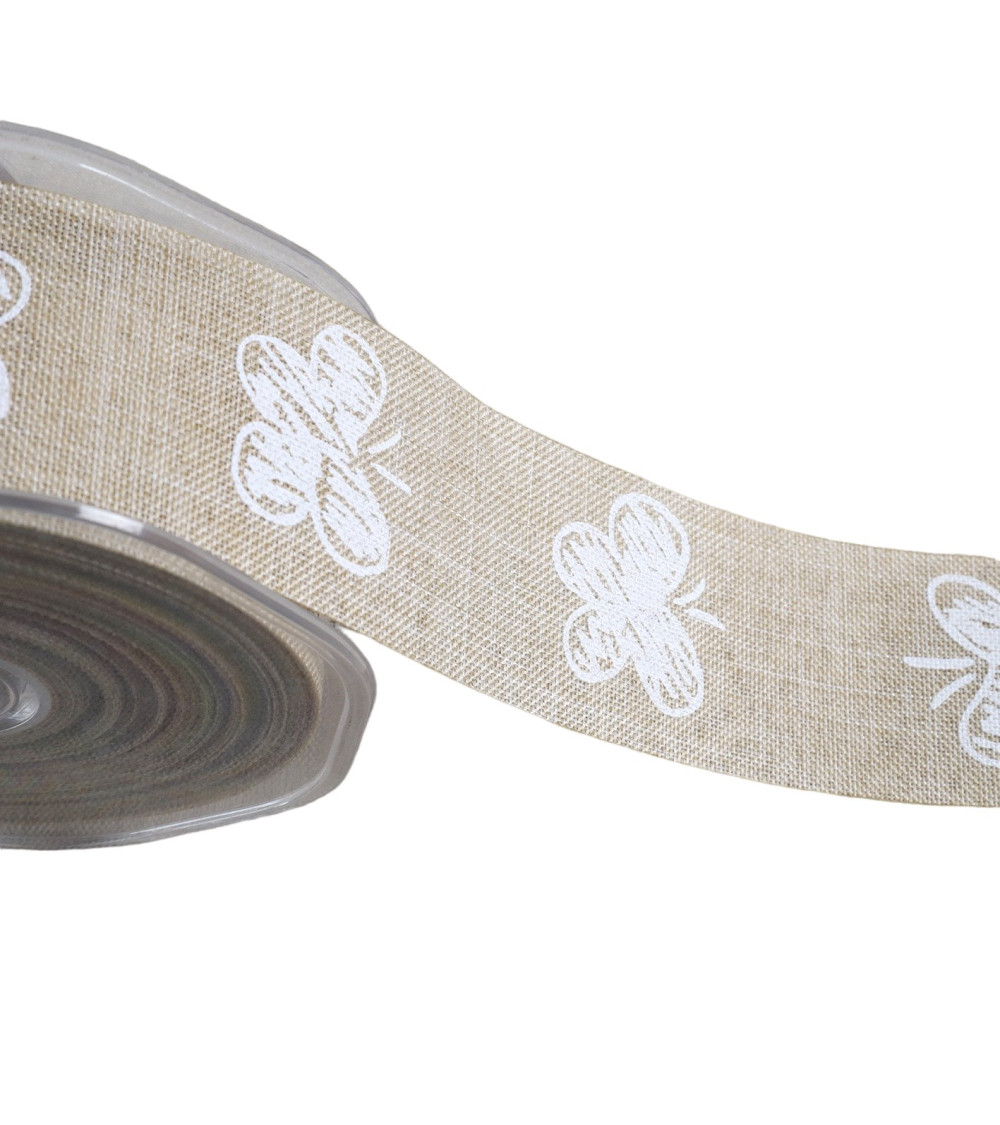 Ribbon white flower patterns 38mm beige per meter