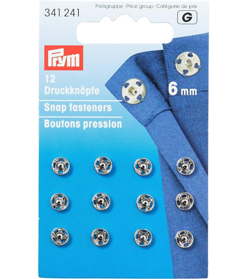 Carte de 12 boutons pression à coudre Prym 6mm argenté