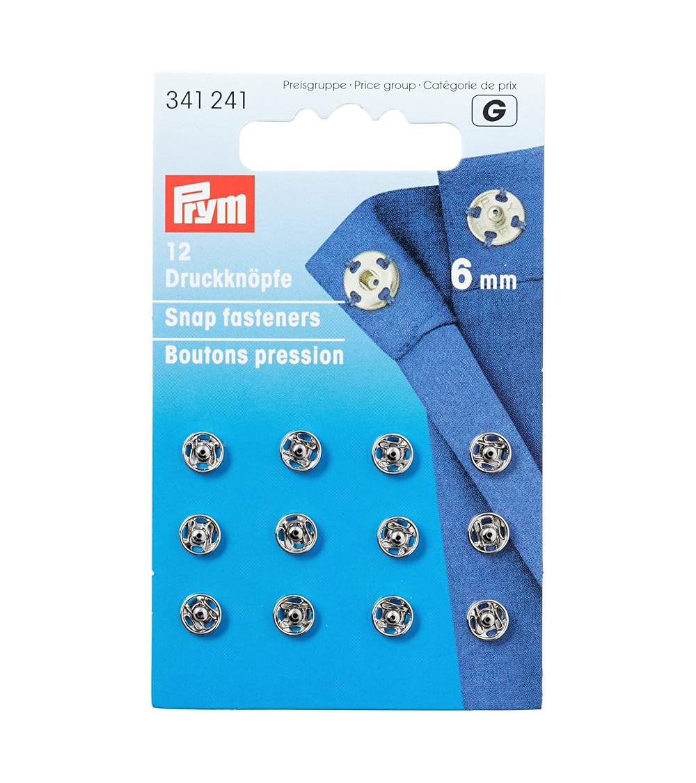 Carte de 12 boutons pression à coudre Prym 6mm argenté