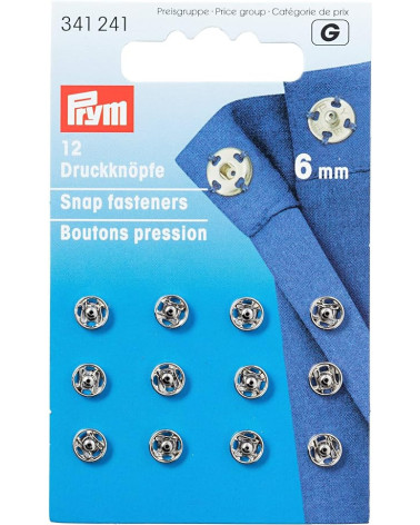 Card of 12 Prym 6mm silver sewing snap buttons