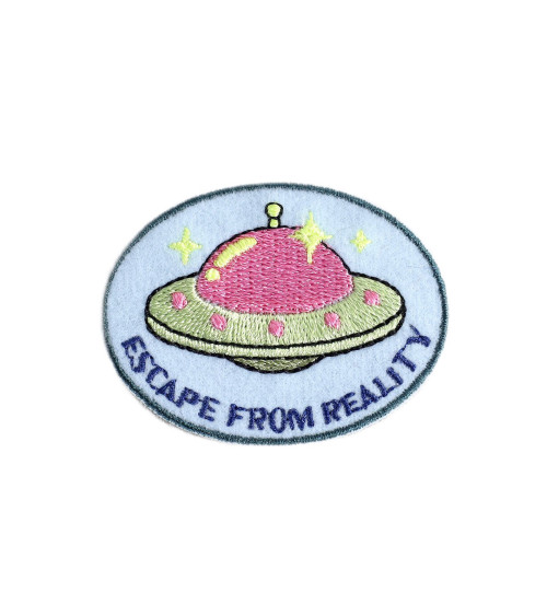 Funny iron-on patch flying saucer escape from reality 5cm x4cm