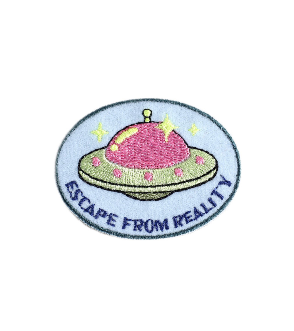 Funny iron-on patch flying saucer escape from reality 5cm x4cm