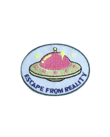 Funny iron-on badge flying saucer escape from reality 5cm x4cm
