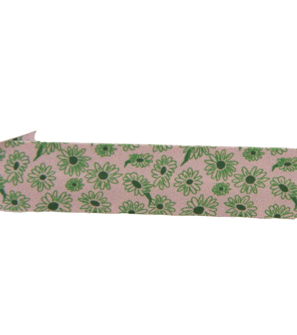 Spool of 25m bias binding with daisy flowers 20mm dark green made in France