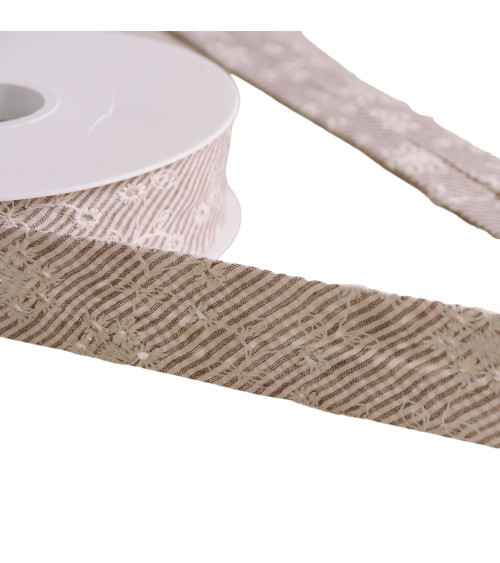 15m reel cotton bias striped embroidered flowers 25mm beige made in Europe