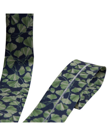 Spool of 25m bias binding with gingko biloba leaves 27mm navy blue made in France