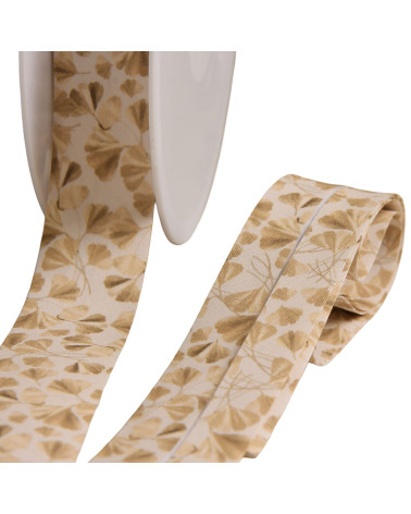Spool of 25m bias binding with gingko biloba leaves 27mm beige made in France