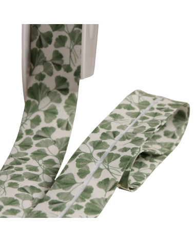 Bobine 25m biais feuilles gingko biloba 27mm écru fabriqué en France
