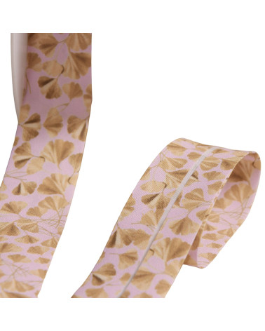 Spool of 25m bias binding with gingko biloba leaves 27mm light pink made in France