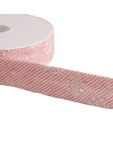 25mm red embroidered flower striped cotton bias binding per meter made in Europe